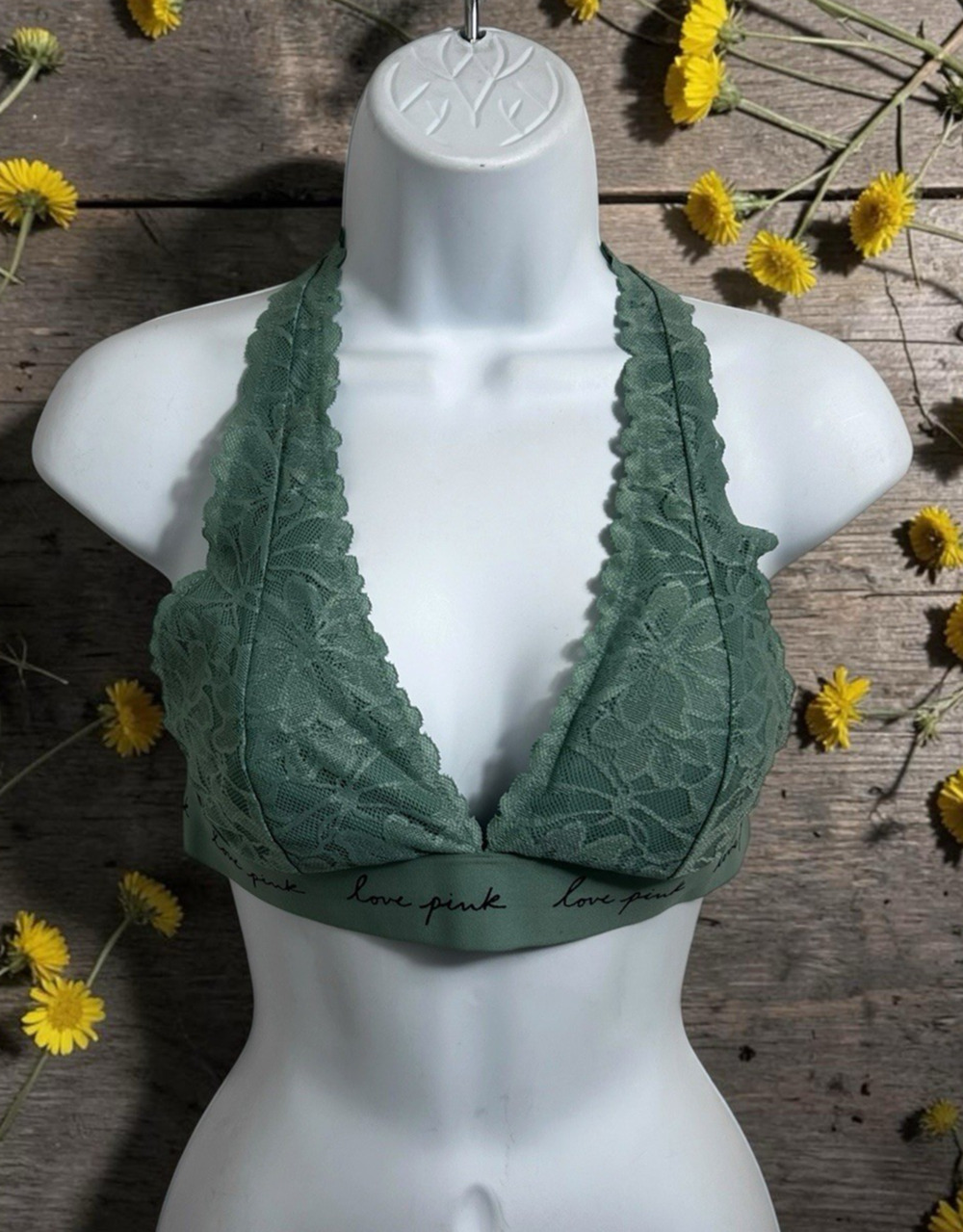 Victoria's Secret Pink Lace Plunge Bralette Sz M Seasalt Green Strappy Back